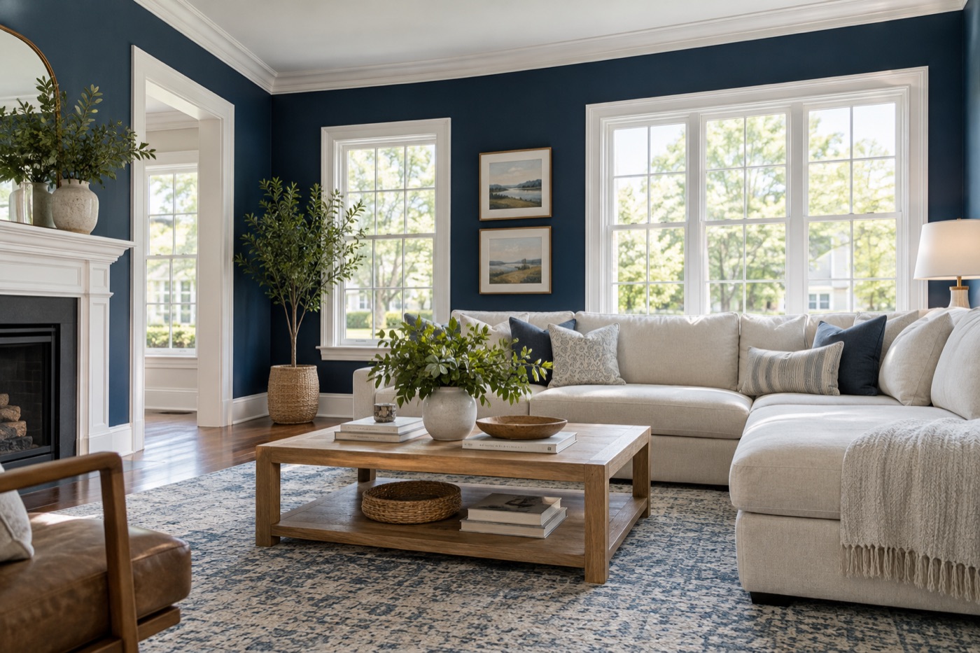 AI-generated navy living room illustration