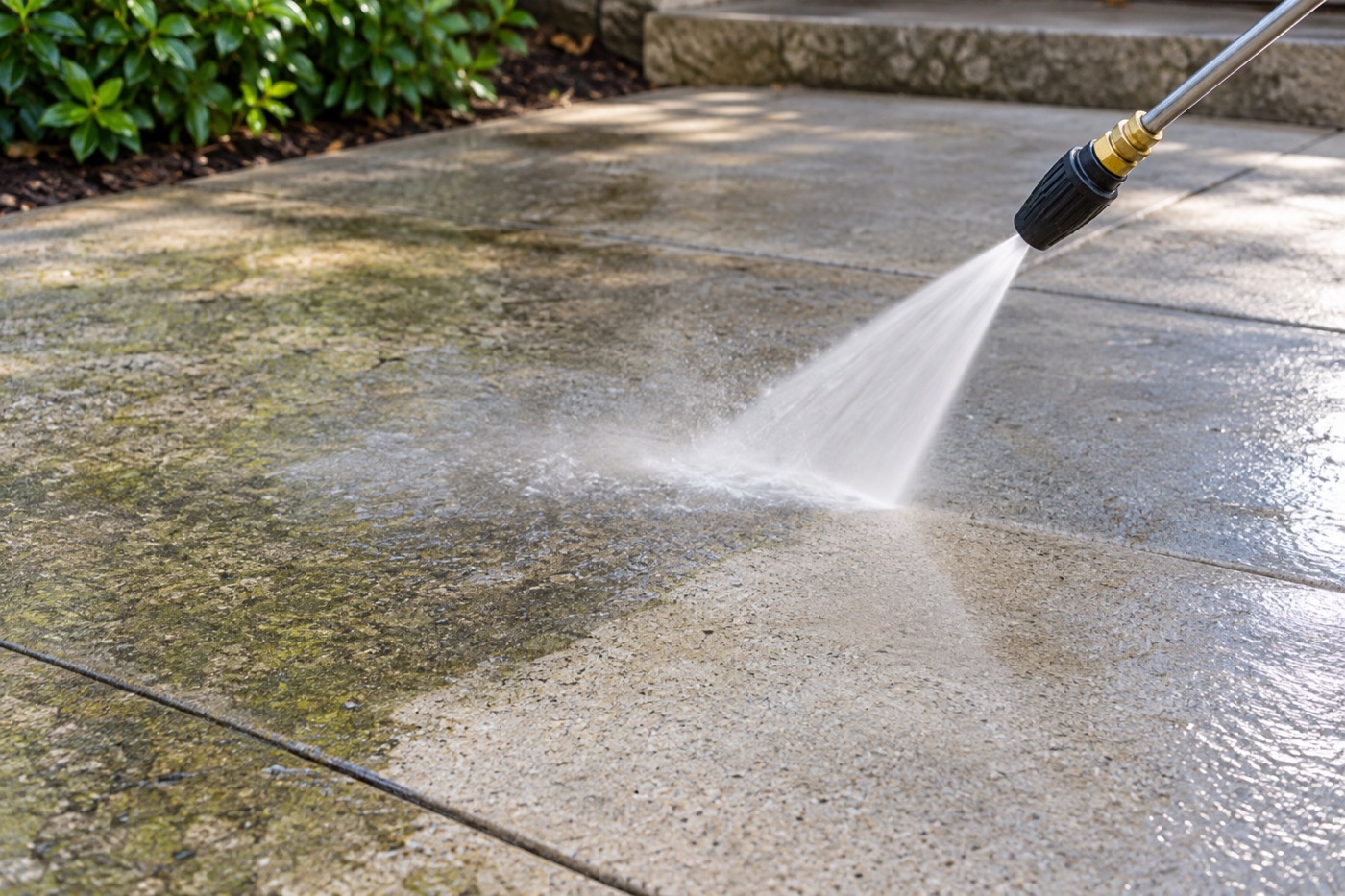 AI-generated illustration of a pressure-washing wand cleaning a concrete patio